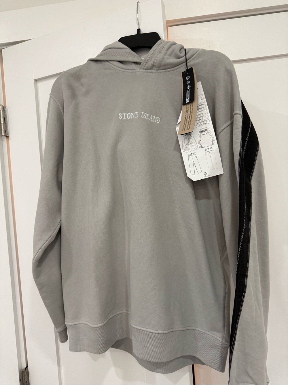 Stone Island Light Grey Pullover Hoodie with Black Sleeve Detail